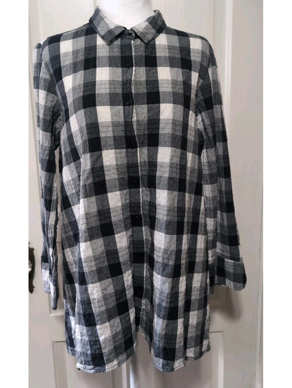 Habitat Crinkle Tunic Blouse‎ Black White Plaid Boho Woman's M (1441)C